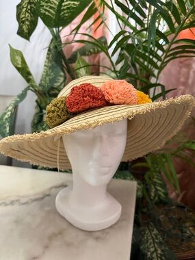 Women's Cream Straw Sun Hat with Colorful Pom Poms